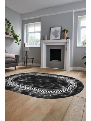 Evdeya Şık Çerçeveli Mermer Dijital Kaymaz Yıkanabilir Oval Yolluk Koridor Salon Halısı, O-Mermer-14-Antrasit,