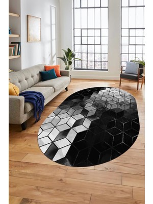 Evdeya Mozaik Mermer Desen Dijital Kaymaz Yıkanabilir Oval Yolluk Salon Halısı, O-Mermer-19-Antrasit,