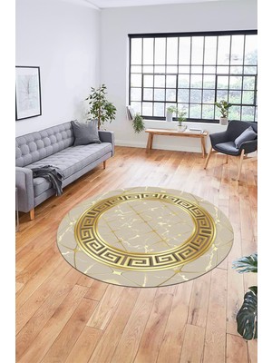 Evdeya Çerçeveli Mermer Desen Dijital Kaymaz Yıkanabilir Yuvarlak Mutfak Salon Halısı, Y-Mermer-18-Vizon,