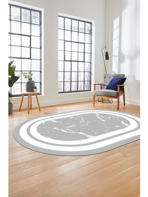 Evdeya Baskılı Kaymaz Yıkanabilir Şık Mermer Desenli Oval Mutfak Yolluk Salon Halısı, O-Mermer-06-Gri,