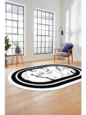 Evdeya Baskılı Kaymaz Yıkanabilir Şık Mermer Desenli Oval Mutfak Yolluk Salon Halısı, O-Mermer-06-Beyaz,