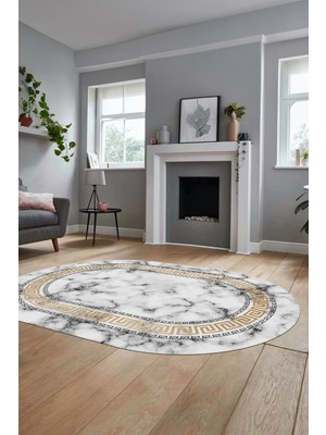 Evdeya Şık Çerçeveli Mermer Dijital Kaymaz Yıkanabilir Oval Yolluk Koridor Salon Halısı, O-Mermer-14-Gold,