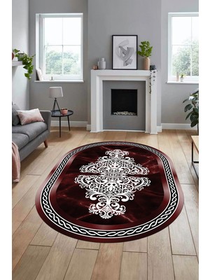 Evdeya Baskılı Kaymaz Yıkanabilir Klasik Mermer Desen Oval Mutfak Yolluk Salon Halısı, O-Mermer-09-Bordo,