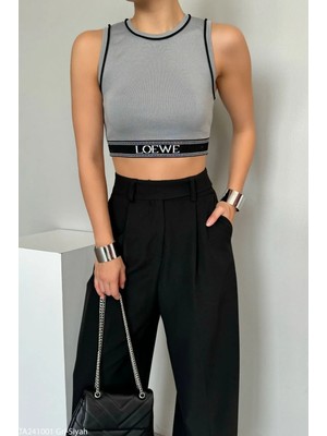 Zey Studio Kadın Gri Halter Yaka Logo Detaylı Biyeli Crop Atlet