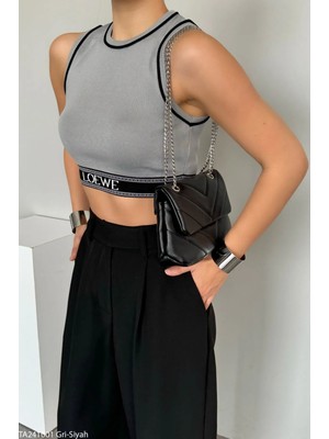 Zey Studio Kadın Gri Halter Yaka Logo Detaylı Biyeli Crop Atlet