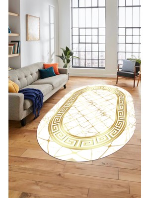 Evdeya Çerçeveli Mermer Desen Dijital Kaymaz Yıkanabilir Oval Yolluk Salon Halısı, O-Mermer-18-Beyaz,