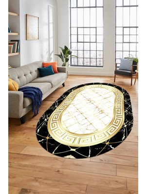 Evdeya Çerçeveli Mermer Desen Dijital Kaymaz Yıkanabilir Oval Yolluk Salon Halısı, O-Mermer-18-Gold,