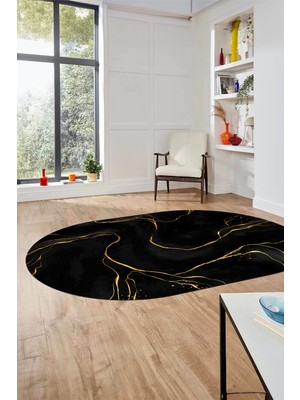 Evdeya Yeni Tasarım Mermer Desenli Dijital Kaymaz Yıkanabilir Oval Koridor Salon Halısı, O-Mermer-29-Siyah,
