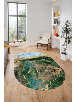 Evdeya Modern Mermer Desen Kaymaz Yıkanabilir Oval Yolluk Mutfak Koridor Salon Halısı, O-Mermer-25-Yeşil,
