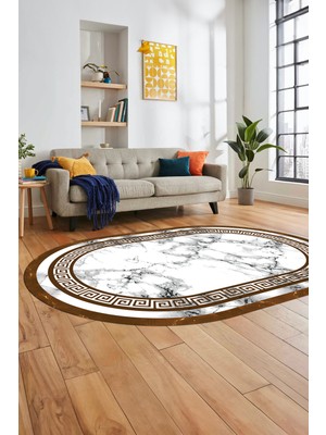 Evdeya Mermer Desen Kaymaz Yıkanabilir Oval Yolluk Mutfak Koridor Salon Halısı, O-Mermer-21-Kahve,