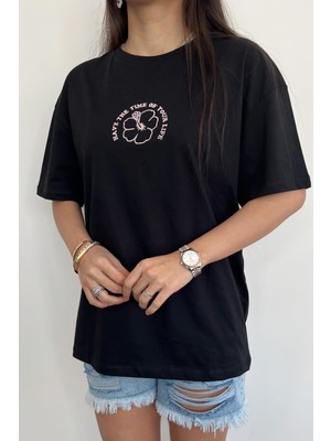 Misigo Flower Nakışlı T-Shirt Siyah