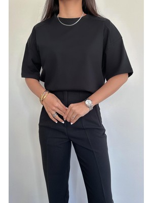 Misigo Kısa Kollu Oversize Omzu Patlı T-Shirt Siyah