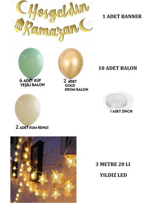 Patladı Gitti Hoşgeldin Ramazan Gold Yazı- Yıldız LED ve Balon Set, Ramazan Ayı Süsleme Seti