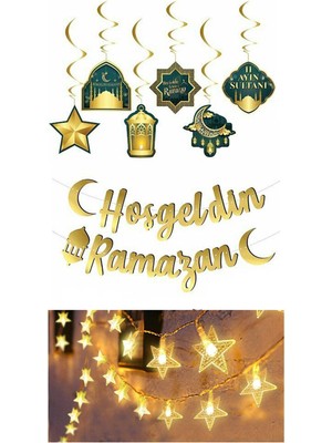Patladı Gitti Hoşgeldin Ramazan Gold Yazı- Yıldız LED ve Tavan Süs Set, Ramazan Ayı Süsleme Seti