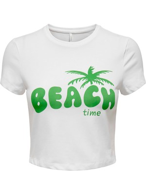 Only O Yaka Baskılı Beyaz Kadın T-Shirt Onlamy S/s Coast Top Box Jrs