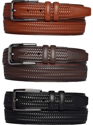 Goderi , 3'lü Set Siyah, Koyu Kahve, Tosado, Örgü Baskılı Kumaş Pant. Kemeri 3.5 Cm_örgü.ba