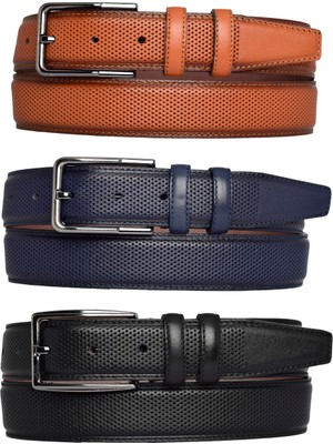 GoDeri Hakiki Deri, 3'lü Set Siyah, Açık Taba, Lacivert Dikişli Kumaş Pant. Kemeri 3.5 Cm_noktalı