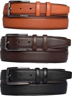 GoDeri , 3'lü Set Siyah, Açık Taba, Koyu Kahve Dikişli Kumaş Pant. Kemeri 3.5 Cm_noktalı