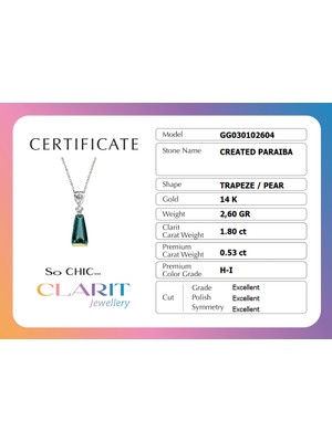 So CHIC Created Paraiba Taşlı Clarit Serisi 14 Ayar Sarı Altın Trapez Kolye