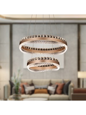 Apliqa Hazel 2 Katlı Kahve Eskitme Kaplamalı Yuvarlak 300 Watt LED Sarkıt Salon 3 Renk Ledli Modern Tasarım Avize