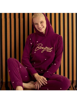 Pijamoni Kapüşonlu Polar Pijama Takımı