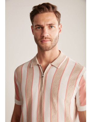 Hemington Çizgi Desenli Krem Rengi-Beyaz Triko Polo