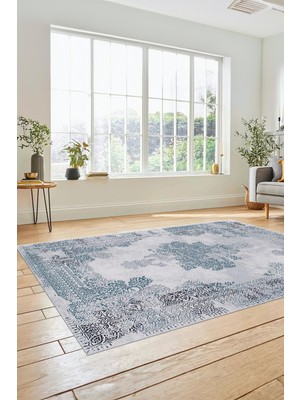 Evdeya Sade Klasik Desenli Dijital Kaymaz Yıkanabilir Yolluk Mutfak Salon Halısı, Klasik-22-Mavi,