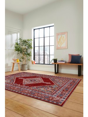 Evdeya Dijital Kaymaz Yıkanabilir Göbekli Klasik Desen Yolluk Mutfak Salon Halısı, Klasik-06-Kırmızı,