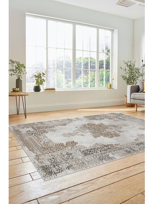 Evdeya Sade Klasik Desenli Dijital Kaymaz Yıkanabilir Yolluk Mutfak Salon Halısı, Klasik-22-Kahve,