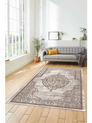 Evdeya Zarif Klasik Desen Dijital Kaymaz Taban Yıkanabilir Yolluk Mutfak Salon Halısı, Klasik-15-Kahve,