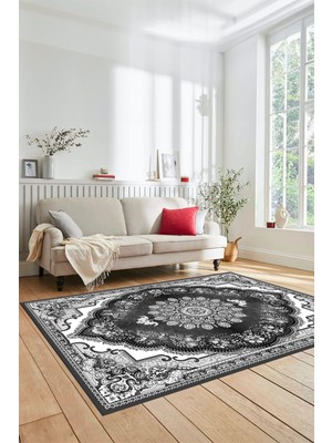 Evdeya Klasik Desen Dijital Kaymaz Taban Yıkanabilir Yolluk Mutfak Salon Halısı, Klasik-13-Gri,