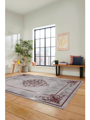 Evdeya Dijital Kaymaz Yıkanabilir Çerçeveli Klasik Desen Yolluk Mutfak Salon Halısı, Klasik-05-Bordo,