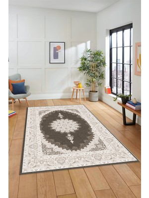 Evdeya Dijital Kaymaz Yıkanabilir Göbekli Klasik Desen Mutfak Salon Halısı, Klasik-03-Kahve,