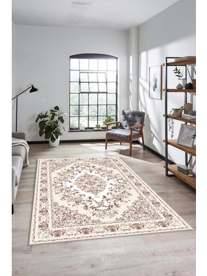 Evdeya Klasik Desenli Dijital Kaymaz Yıkanabilir Yolluk Mutfak Salon Halısı, Klasik-23-Krem,