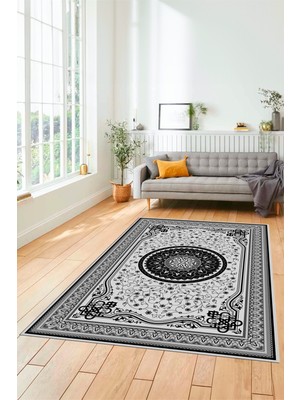 Evdeya Göbekli Klasik Desen Dijital Kaymaz Taban Yıkanabilir Yolluk Mutfak Salon Halısı, Klasik-18-Gri,