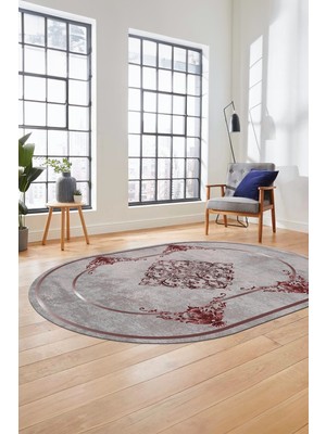 Evdeya Baskılı Kaymaz Yıkanabilir Çerçeveli Klasik Yolluk Oval Mutfak Salon Halısı, O-Klasik-05-Bordo,