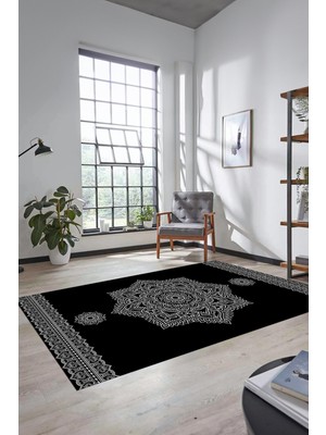 Evdeya Şık Göbekli Klasik Motifli Dijital Kaymaz Yıkanabilir Yolluk Mutfak Salon Halısı, Klasik-30-Siyah,