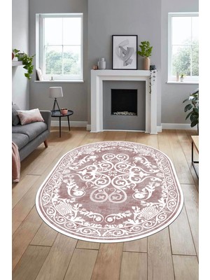 Evdeya Baskılı Kaymaz Yıkanabilir Klasik Desenli Oval Yolluk Mutfak Salon Halısı, O-Klasik-09-Pembe,