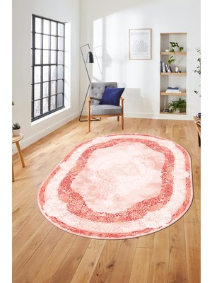 Evdeya Baskılı Kaymaz Yıkanabilir Çerçeveli Klasik Desen Oval Mutfak Salon Halısı, O-Klasik-01-Kırmızı,