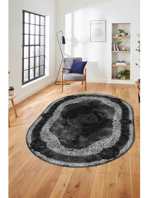 Evdeya Baskılı Kaymaz Yıkanabilir Çerçeveli Klasik Desen Oval Mutfak Salon Halısı, O-Klasik-01-Antrasit,