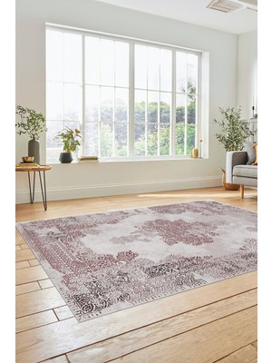 Evdeya Sade Klasik Desenli Dijital Kaymaz Yıkanabilir Yolluk Mutfak Salon Halısı, Klasik-22-Pembe,