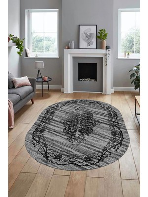 Evdeya Klasik Desen Dijital Kaymaz Taban Yıkanabilir Oval Yolluk Mutfak Salon Halısı, O-Klasik-11-Antrasit,