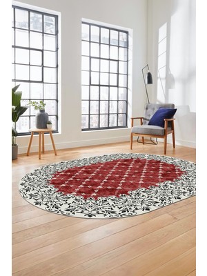 Evdeya Baskılı Kaymaz Yıkanabilir Klasik Desen Yolluk Oval Mutfak Salon Halısı, O-Klasik-04-Bordo,