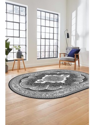 Evdeya Baskılı Kaymaz Yıkanabilir Çerçeveli Göbekli Klasik Desen Salon Halısı, O-Klasik-02-Antrasit,