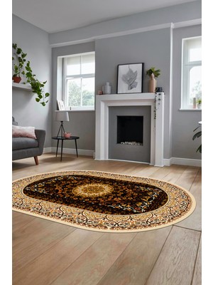Evdeya Şık Klasik Dijital Kaymaz Taban Yıkanabilir Oval Yolluk Mutfak Salon Halısı, O-Klasik-14-Kahve,