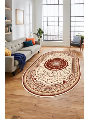 Evdeya Göbekli Klasik Dijital Kaymaz Taban Yıkanabilir Oval Yolluk Salon Halısı, O-Klasik-18-Bordo,