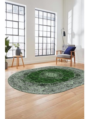 Evdeya Baskılı Kaymaz Yıkanabilir Göbekli Klasik Desen Oval Yolluk Salon Halısı, O-Klasik-07-Yeşil,