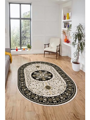 Evdeya Renkli Klasik Motifli Dijital Kaymaz Yıkanabilir Oval Yolluk Salon Halısı, O-Klasik-27-Siyah,