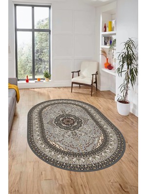 Evdeya Renkli Klasik Desen Dijital Kaymaz Yıkanabilir Oval Yolluk Salon Halısı, O-Klasik-26-Gri,