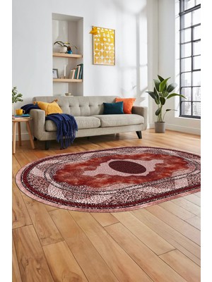 Evdeya Göbekli Klasik Desen Dijital Kaymaz Yıkanabilir Oval Yolluk Mutfak Salon Halısı, O-Klasik-24-Bordo,